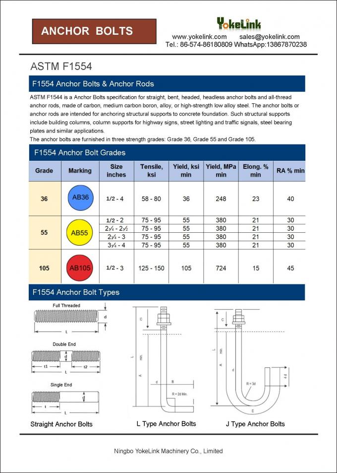 ASTM F1554 Grade 36 55 105 Anchor Bolt Anchor rod with nut and washer